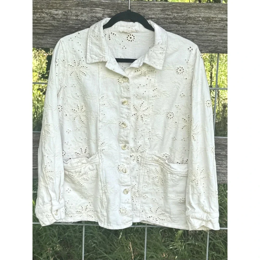 Solitaire White Floral Eyelet Cotton Blend Button Down Jacket Large 23-760